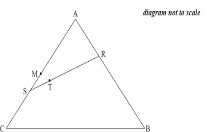 Triangle ABC with points M, R, S and T. Diagram not to scale.